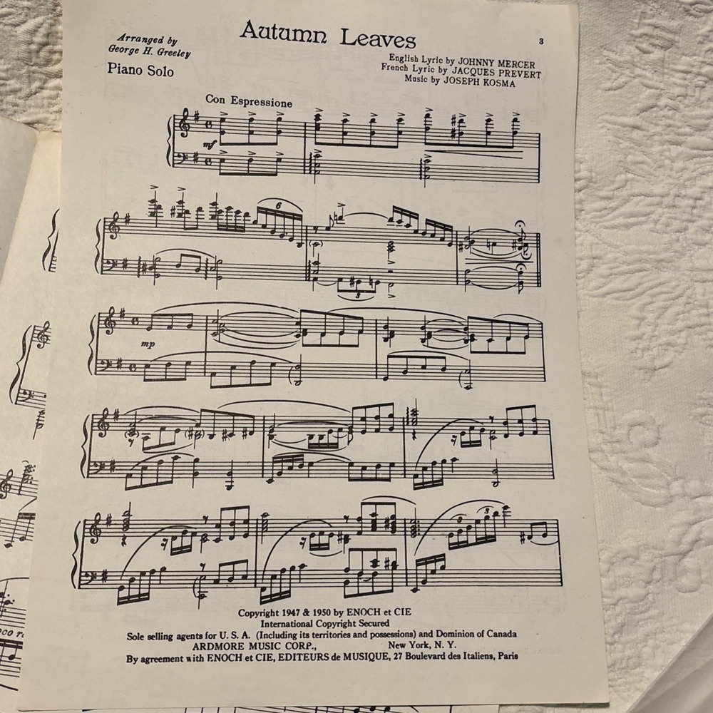 Autumn Leaves Piano Solo Sheet Music Joseph Kosma Ardmore Vintage - Picture 7 of 7